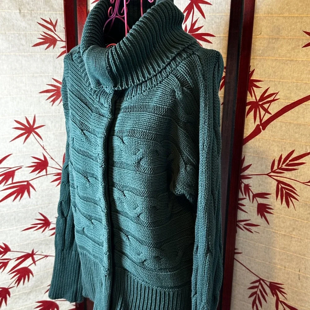 Talbots Green Chunky Cable Knit Convertible Collar Snap Front Cardigan Sweater M
